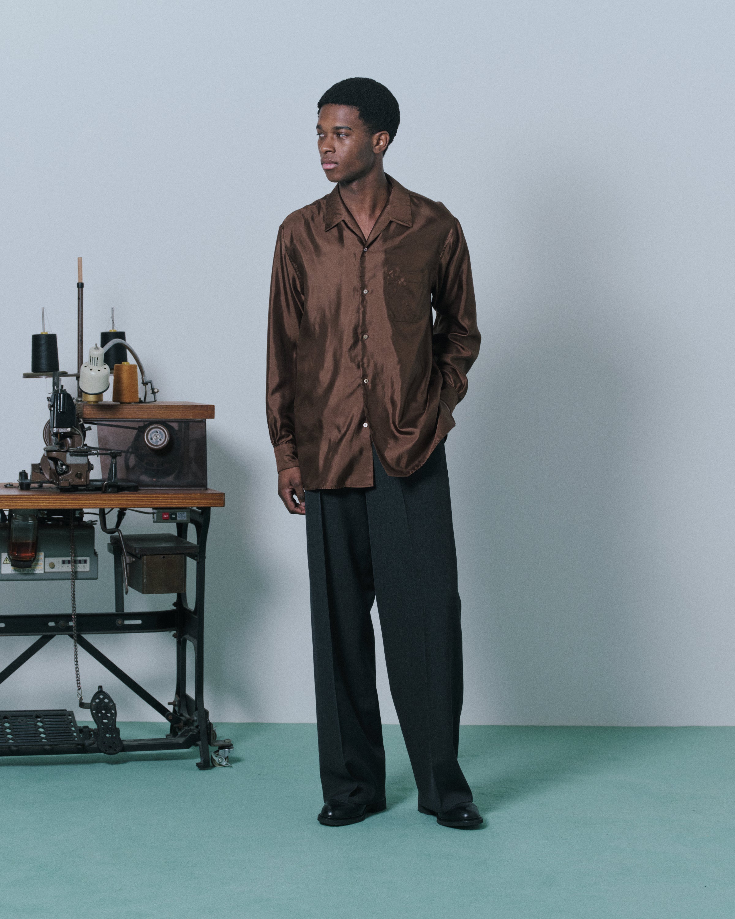 Bratac Silk Back Satin / Italian Open Collar Shirt, Bronze