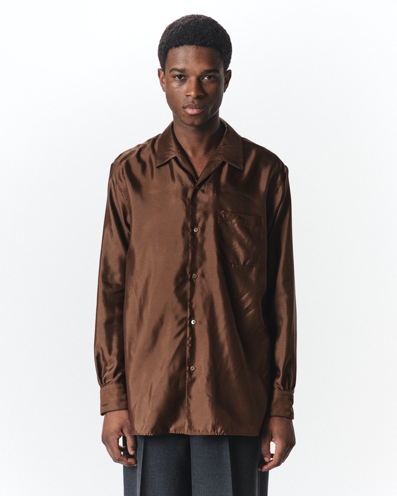 Bratac Silk Back Satin / Italian Open Collar Shirt, Bronze