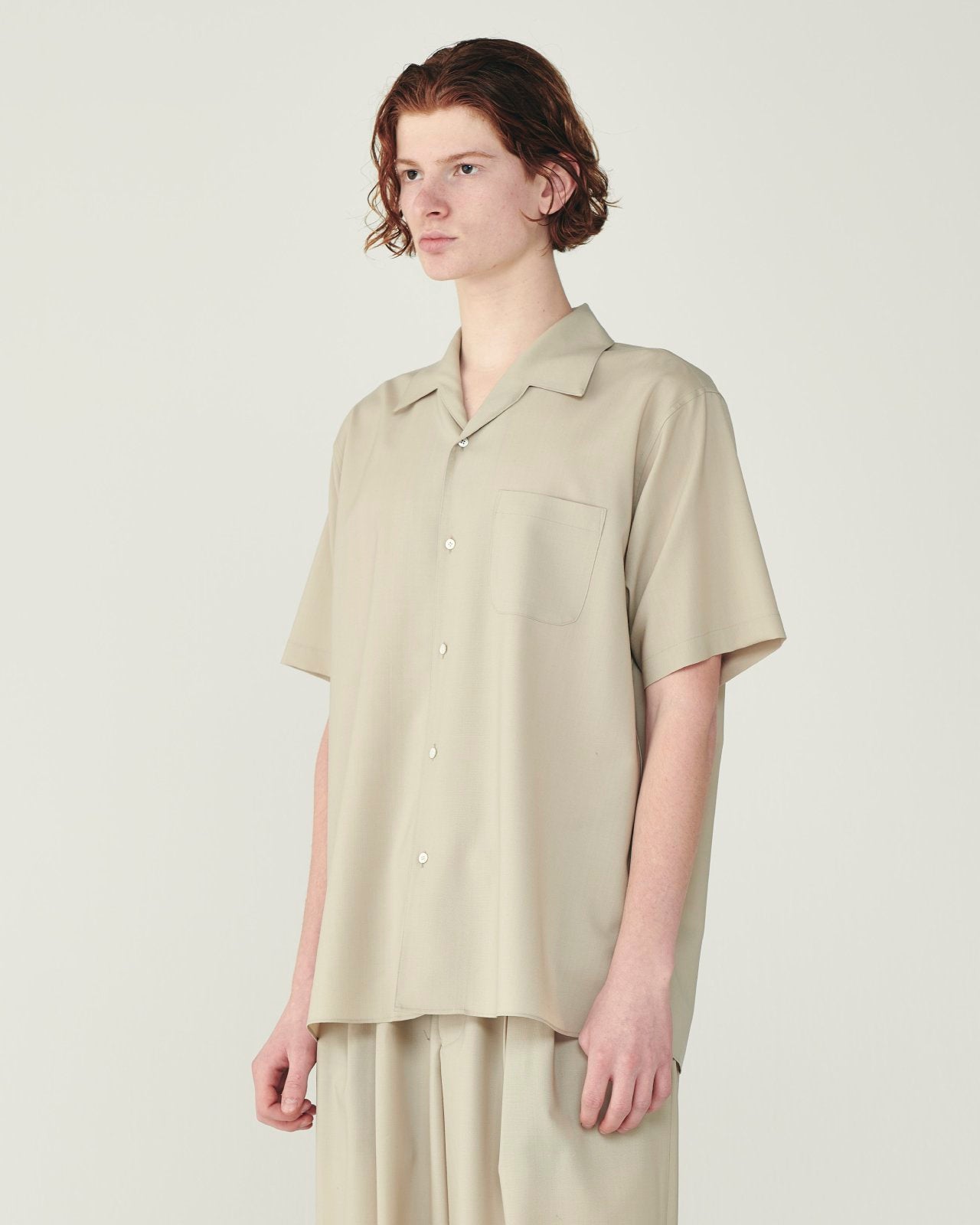 オーガニックウール2/80トロピカル / イタリアンオープンカラーS/Sシャツ, Beige