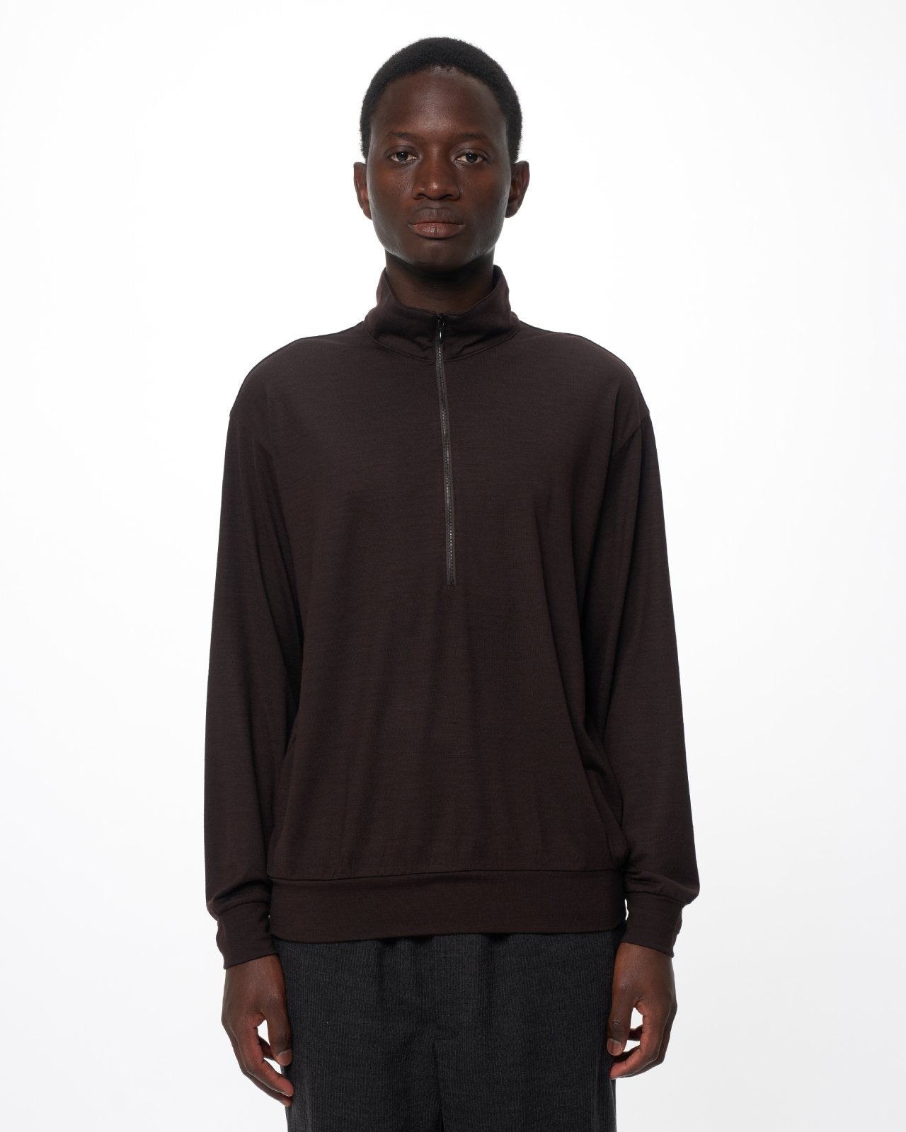 スーパー100s ウォッシャブルウール天竺 / ハーフジップスタンド, Dark Brown