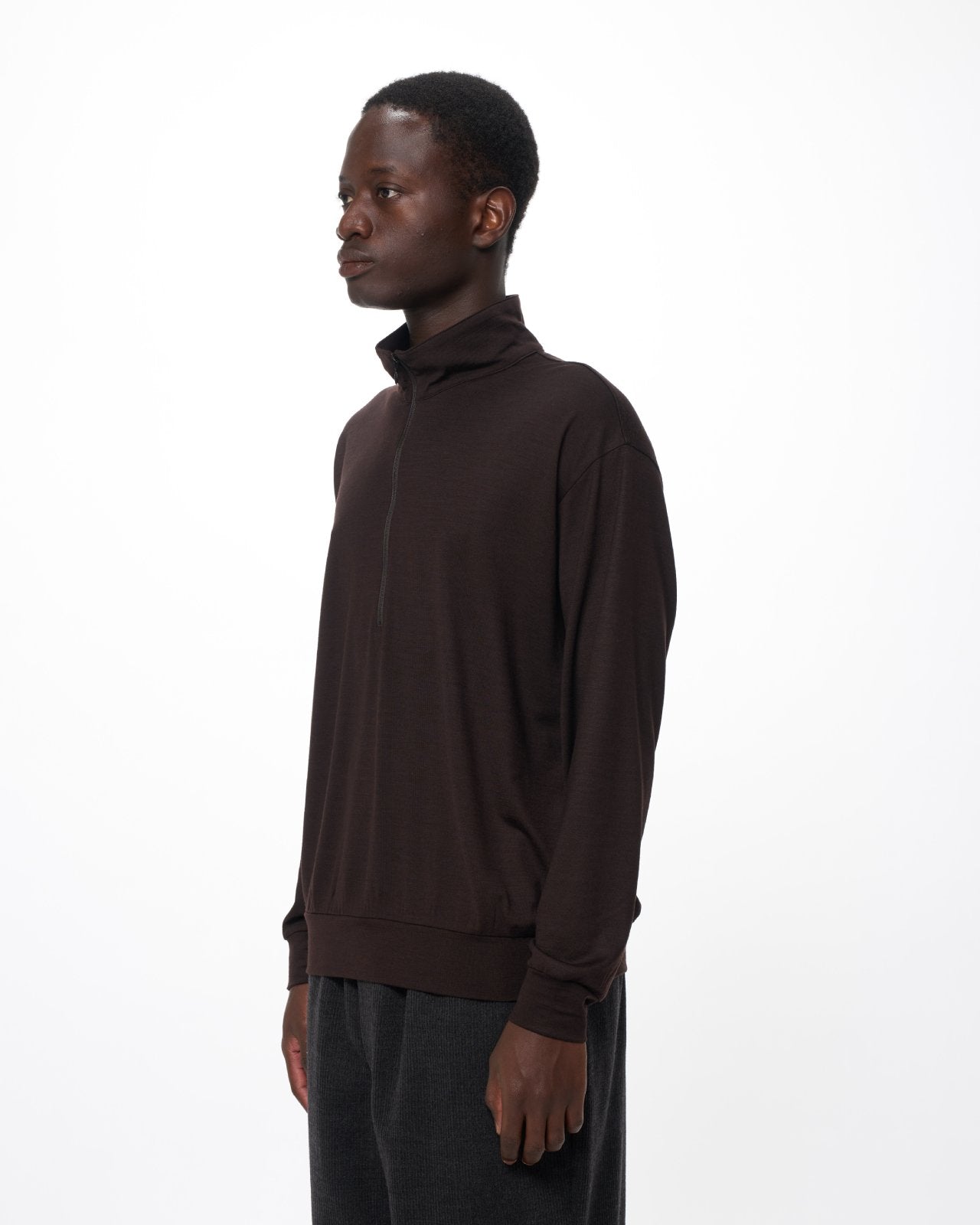 スーパー100s ウォッシャブルウール天竺 / ハーフジップスタンド, Dark Brown