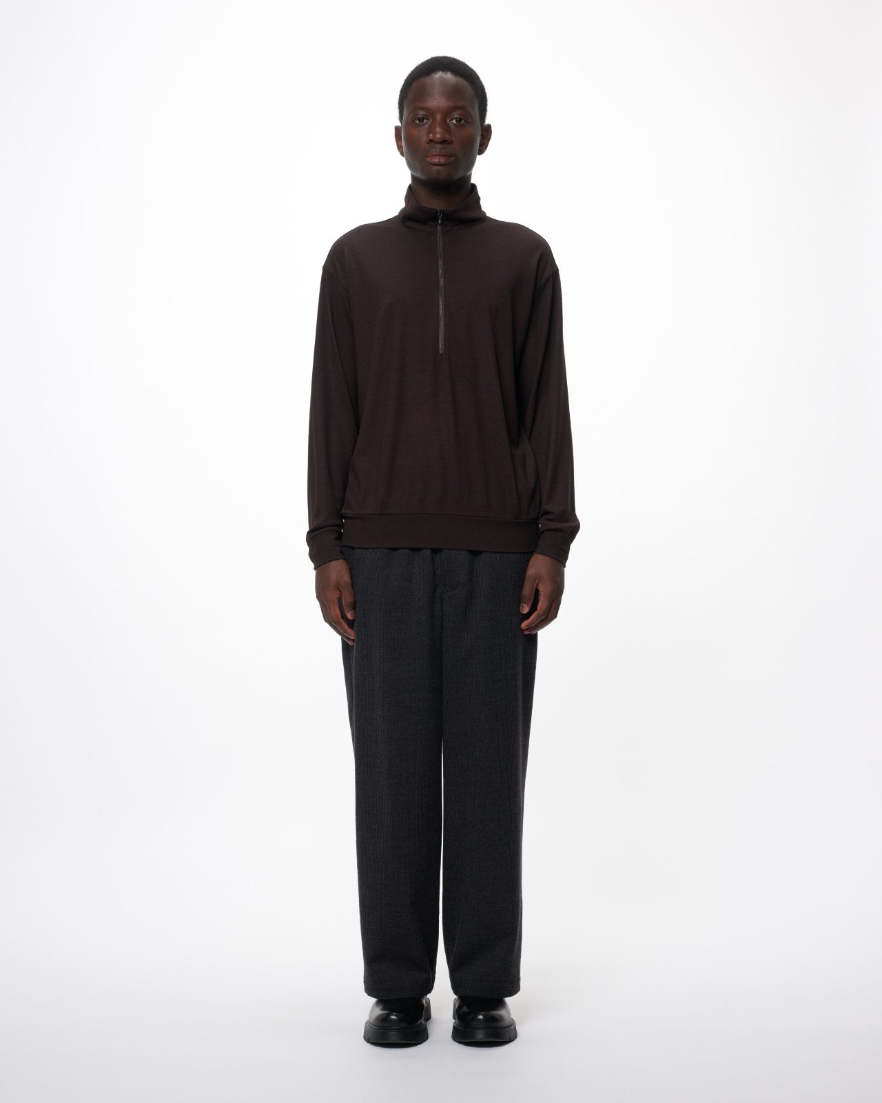 スーパー100s ウォッシャブルウール天竺 / ハーフジップスタンド, Dark Brown