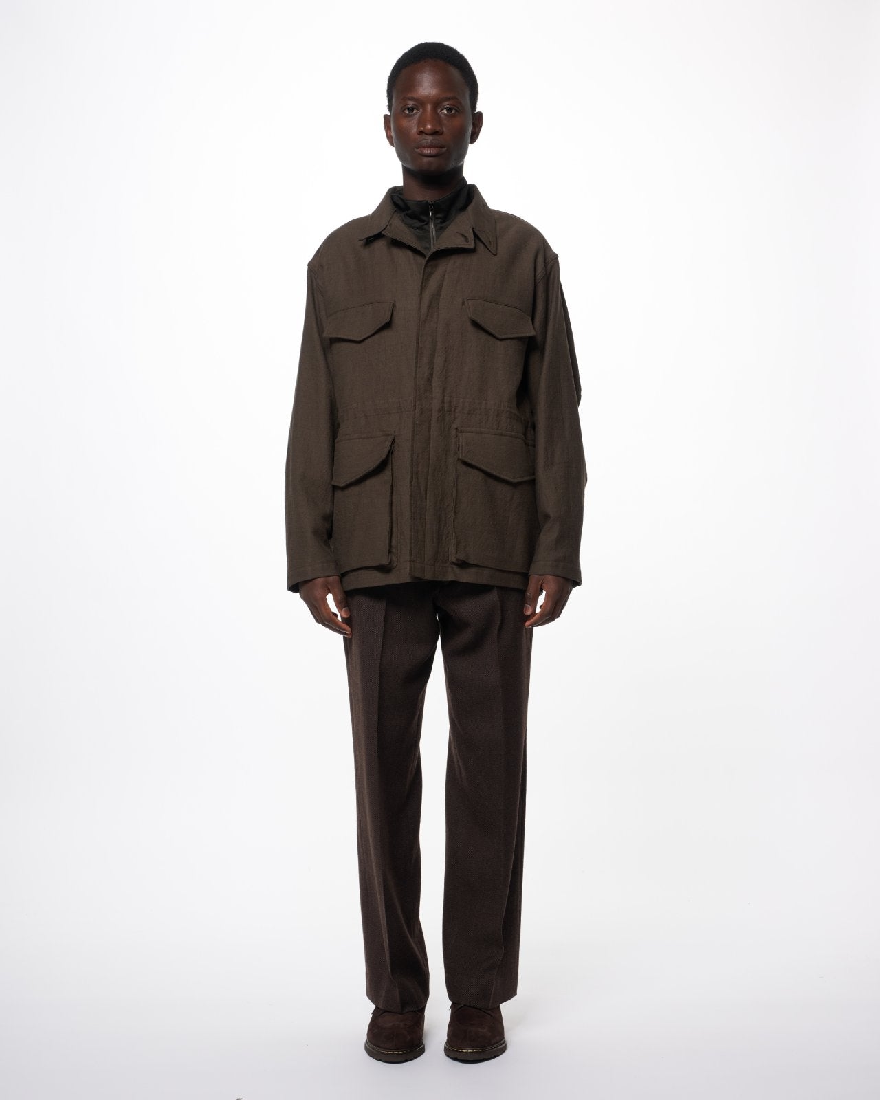 Tumbled Wool Serge / Regular Fit Straight Trousers, Brown Bird’S-Eye