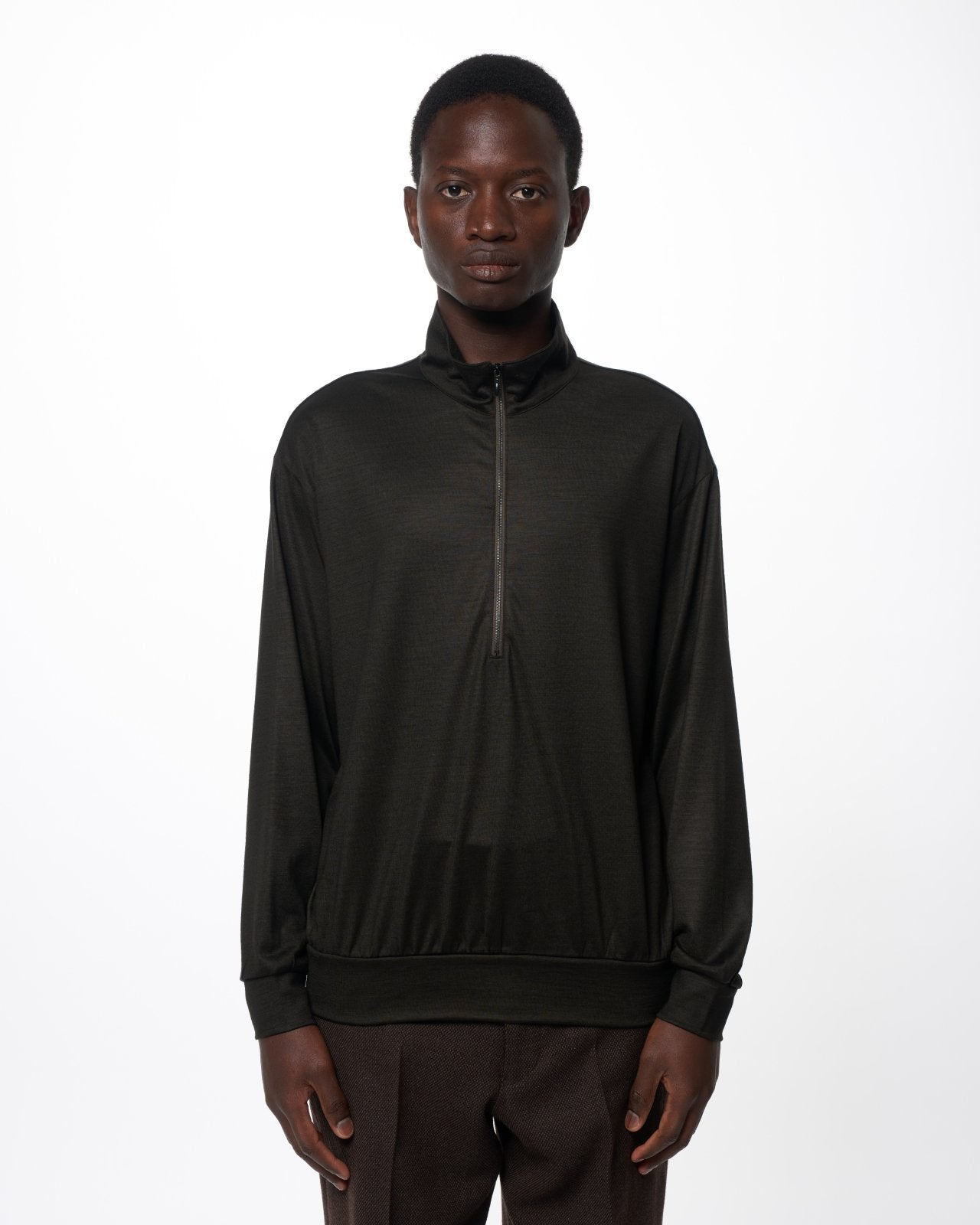 Super 100s Washable Wool Jersey Half-Zip Stand, Dark Olive