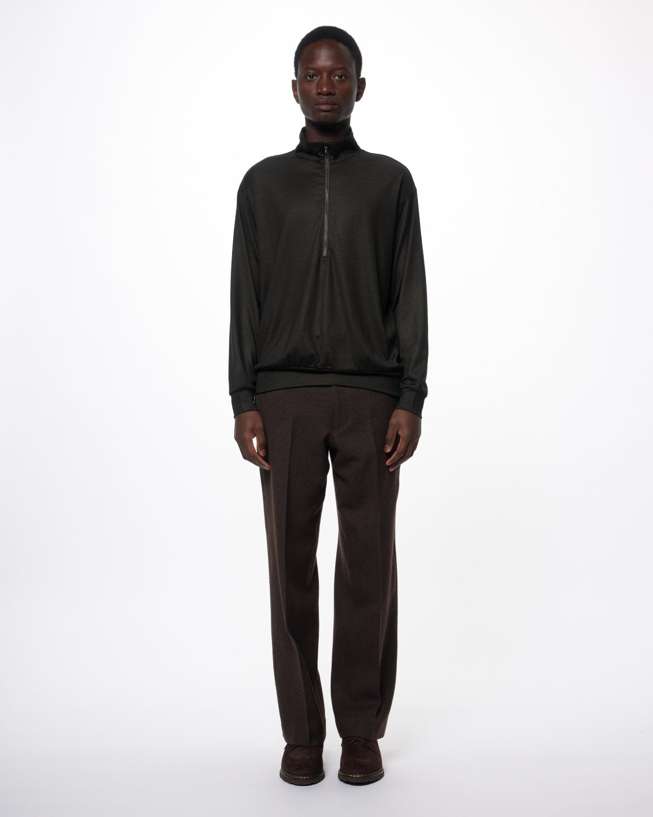 Super 100s Washable Wool Jersey Half-Zip Stand, Dark Olive