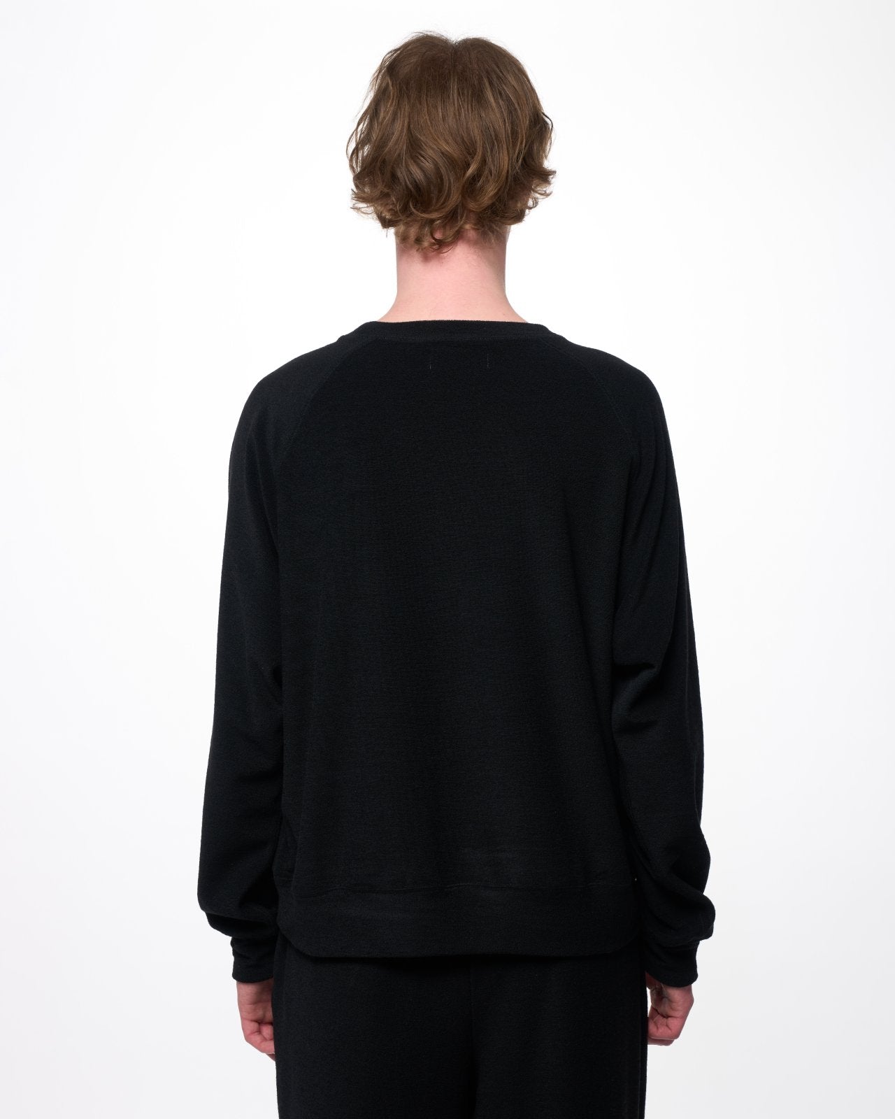 スーパー140sウォッシャブルウールパイル / クルーネックラグランスウェットシャツ, Black