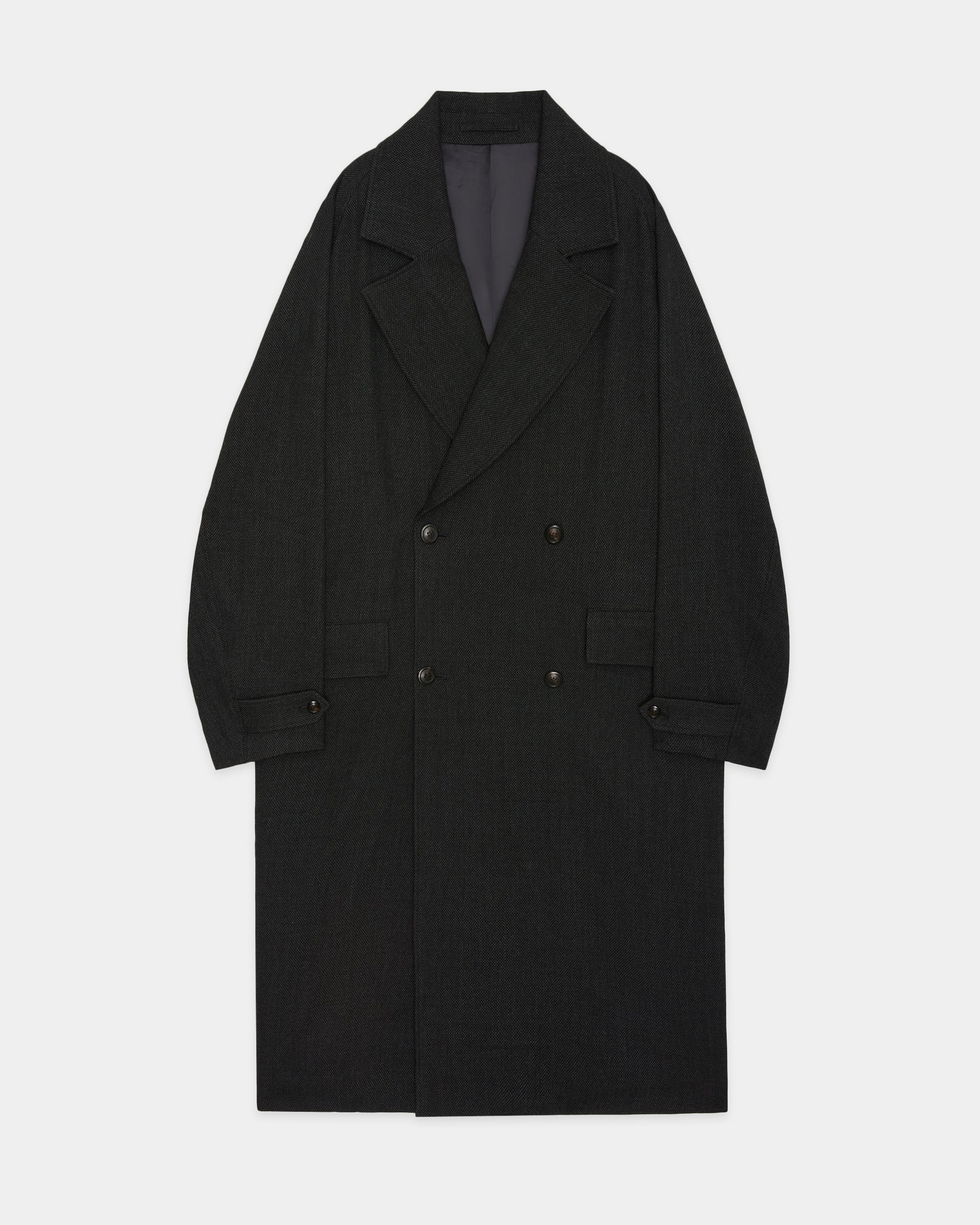 Tumbled Wool Serge Great Coat, Gray Bird’s-Eye