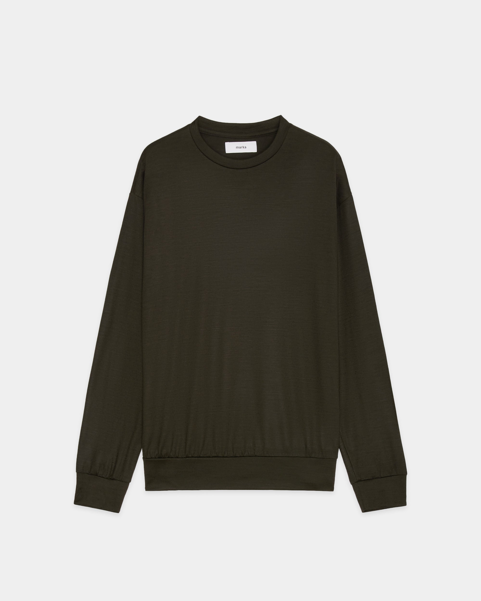 スーパー100sウォッシャブルウール天竺 / クルーネック L/S Tee, Dark Olive