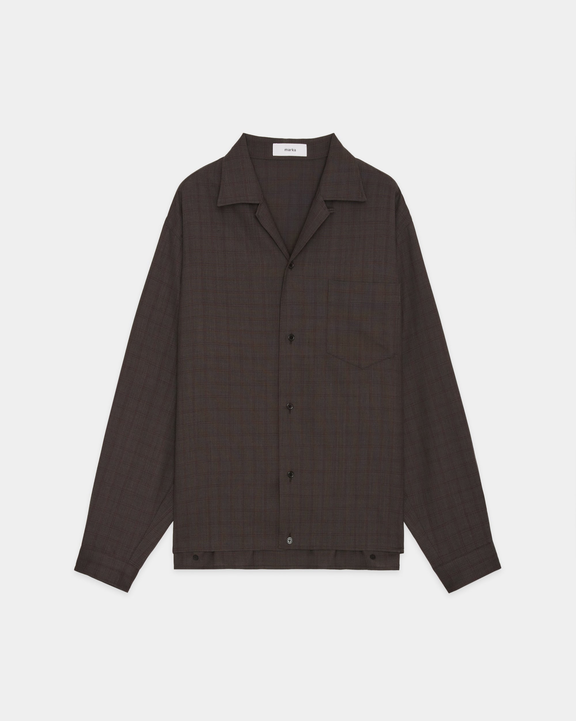RWS Super 140s ウール強撚サージ / オープンカラー L/S シャツ With Hem Tab, Gray Plaid